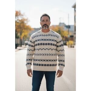 Men Vintage Kuppenheimer Knit White Blue Sweater Made In USA Medium RN#26416 EUC